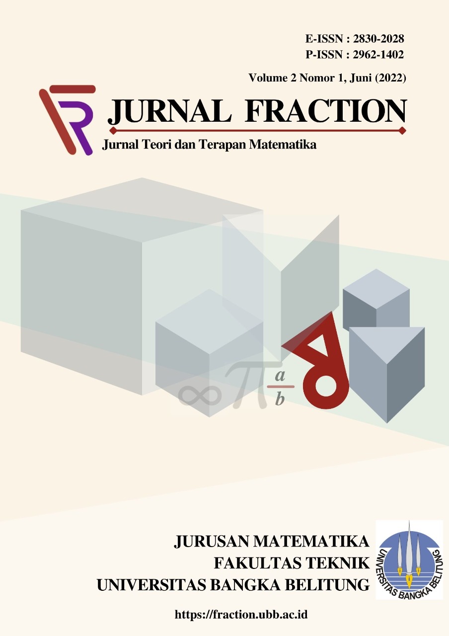 					View Vol. 2 No. 1 (2022): Fraction: Jurnal Teori dan Terapan Matematika
				
