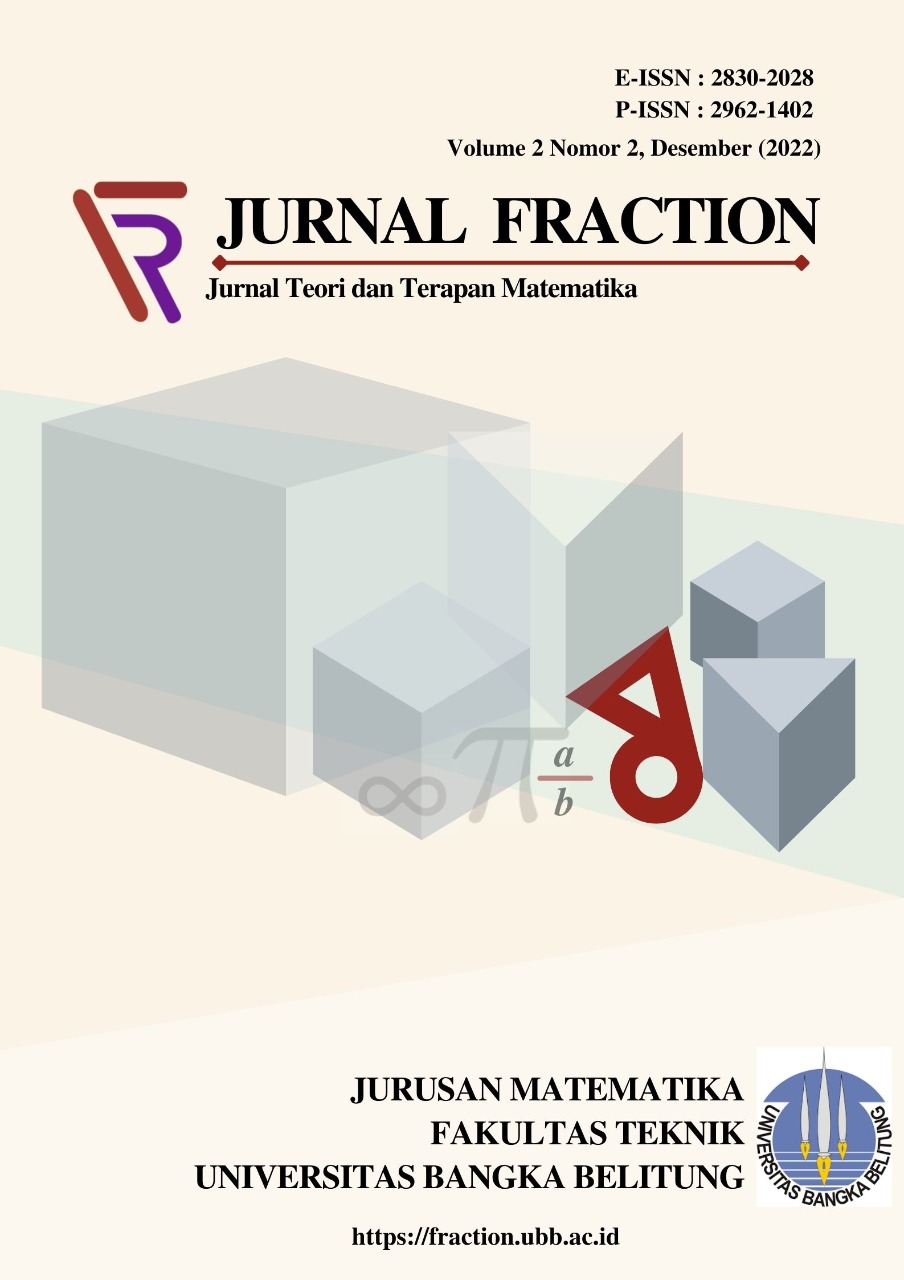 					View Vol. 2 No. 2 (2022): Fraction: Jurnal Teori dan Terapan Matematika
				