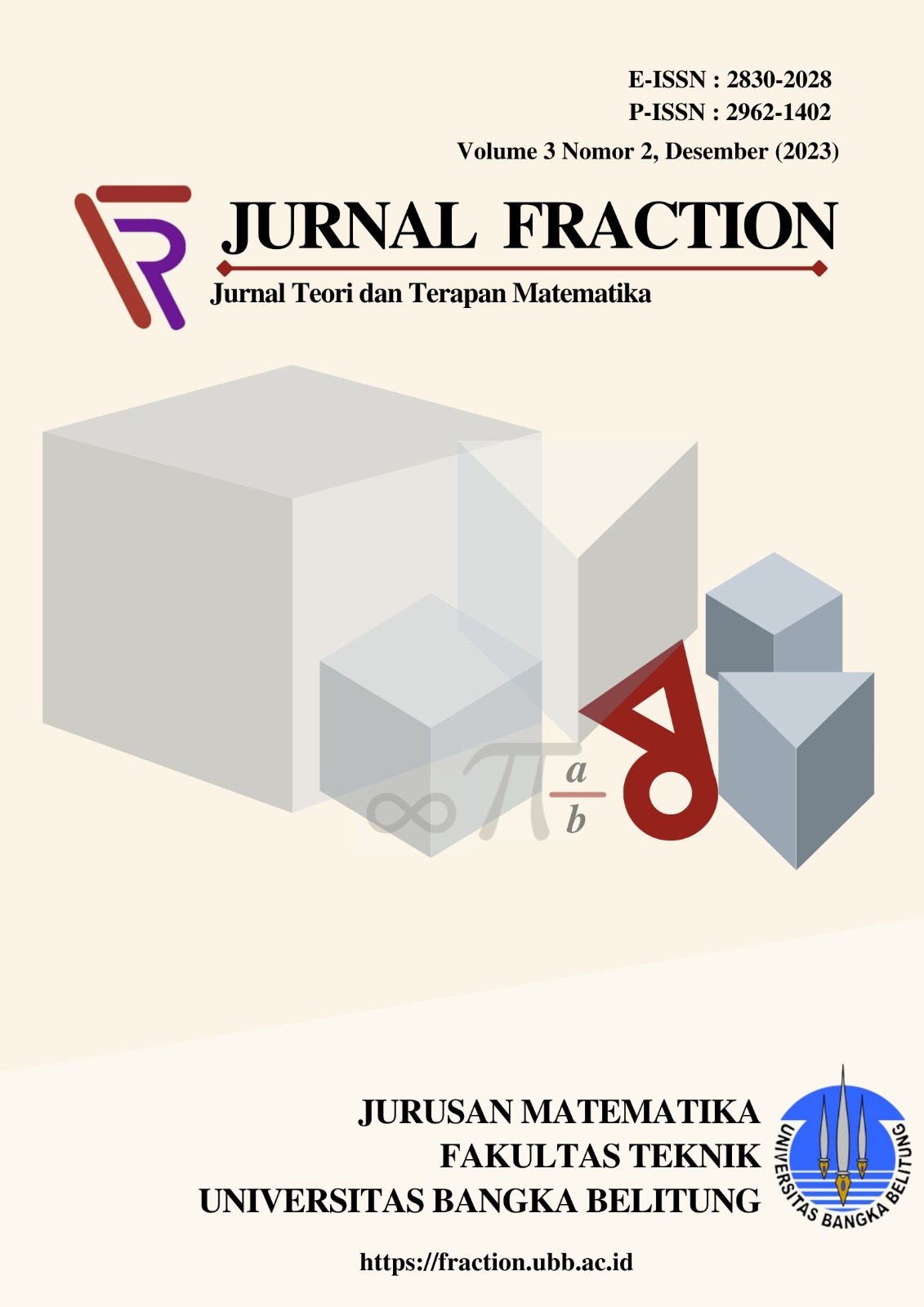 					View Vol. 3 No. 2 (2023): Fraction: Jurnal Teori dan Terapan Matematika
				